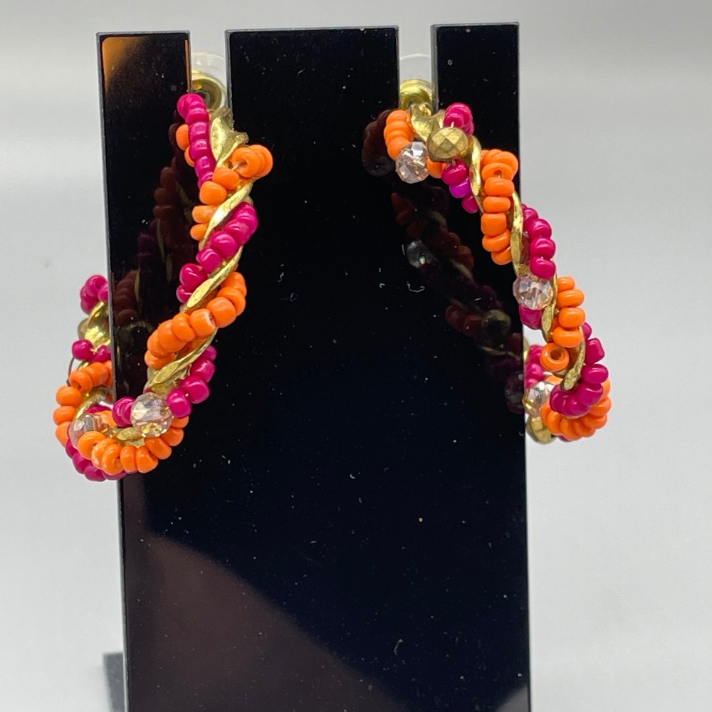 Boho Twisted‎ Seed Bead Hoop Earrings Orange Magenta Gold Tone C-Hoops 1.5"